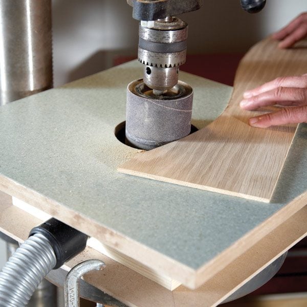 low-cost drum sander using your drill press and a custom sanding table 