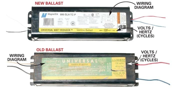 Compare the new and old ballasts to verify that the wiring diagrams 