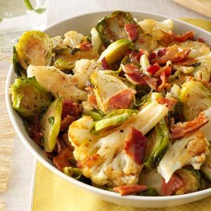 Roasted Cauliflower & Brussels Sprouts with Bacon