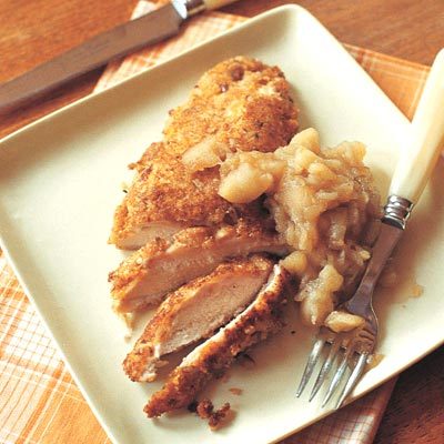 Image of Cheddar-Crusted Chicken With Smooshy Applesauce, Rachael Ray Magazine