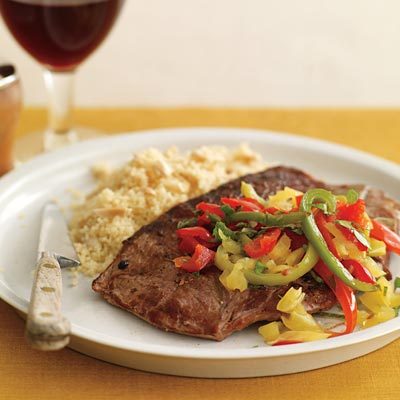 Image of Lamb Steaks With Four Peppers And Nutty Couscous, Rachael Ray Magazine