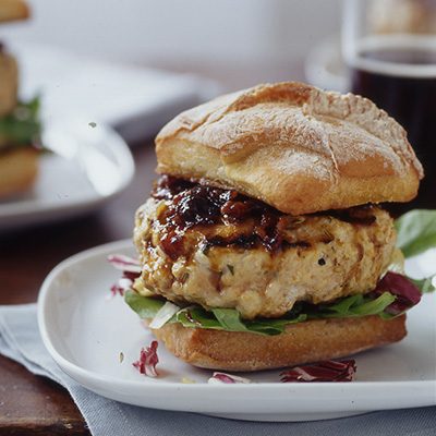 Image of Chicken Burgers With Barbecue Onion Sauce, Rachael Ray Magazine