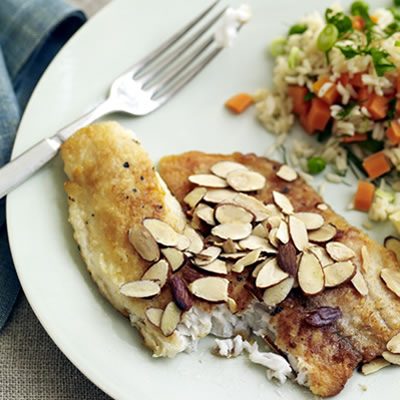Image of Almond Tilapia And Peas-and-Carrots Rice, Rachael Ray Magazine