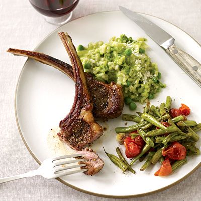 Image of Lamb Chops With Roasted Vegetables And Spring Pea Risotto, Rachael Ray Magazine