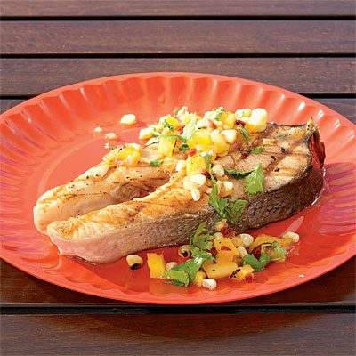 Image of Salmon Steak With Grilled Pineapple And Corn, Rachael Ray Magazine