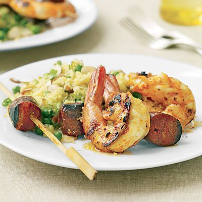Image of Spanish Shrimp And Chorizo Skewers With Especial Couscous, Rachael Ray Magazine