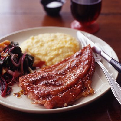 Image of Red-Eye Ham Steaks With Cheese Grits And Seared Chard, Rachael Ray Magazine