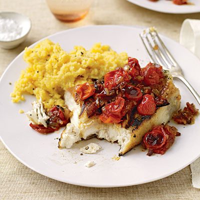 Image of Halibut With Barbecue Tomato Sauce And Honey Mustard Polenta, Rachael Ray Magazine