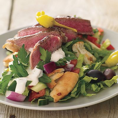 Image of Greek Salad Stacks With Sliced Steak, Rachael Ray Magazine