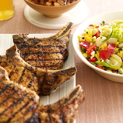 Image of Smoky Pork Chops With Spicy Applesauce And Garlicky Succotash, Rachael Ray Magazine