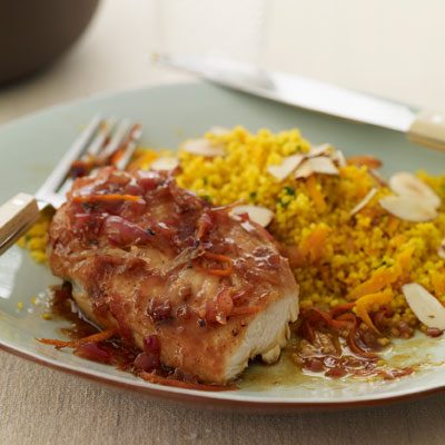Image of Tangerine Barbecue Chicken And Curry Couscous, Rachael Ray Magazine