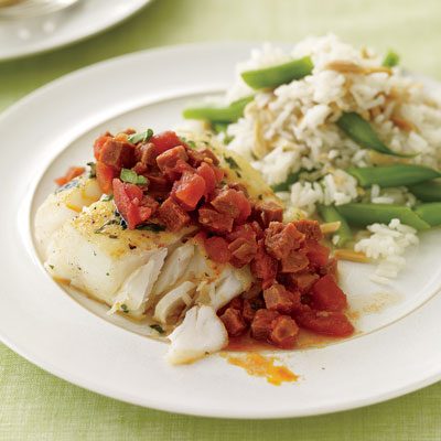 Image of Cod With Chorizo And Almond-Green Bean Rice, Rachael Ray Magazine