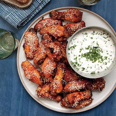 Image of Sticky Chicken Wings With Blue Cheese Dip, Rachael Ray Magazine