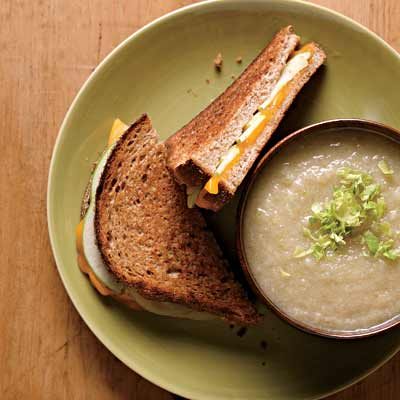 Image of Grilled Cheddar-Apple Sandwiches With Creamy Parsnip Soup, Rachael Ray Magazine