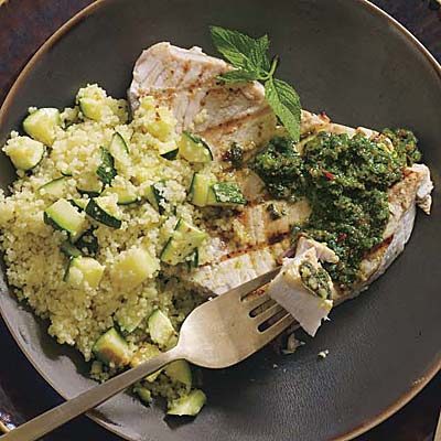 Image of Grilled Fish With Moroccan Chermoula Sauce And Zucchini Couscous, Rachael Ray Magazine