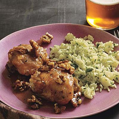 Image of Maple-Walnut Chicken Thighs And Cheddar-Apple Rice, Rachael Ray Magazine
